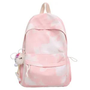Zaino in tela tie-dye rosa con simpatico ciondolo di bambola di peluche, borsa scolastica.