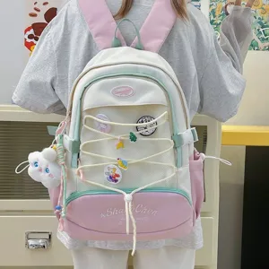 Zaino Scolastico Casual in Nylon da Donna Grande Kapacità Grazioso Zaino da Viaggio Con Tasca in Rete e Ciondolo Grazioso