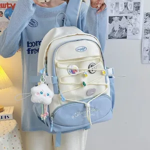 Zaino casual in stile giapponese carino con grande capacità, blocco di colore blu e bianco.