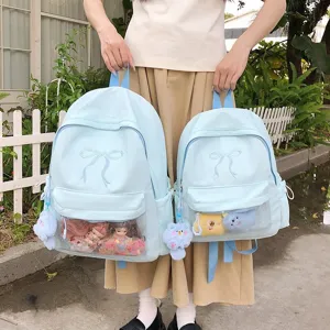 Zaino carino con ricamo a fiocco e finestra trasparente per ragazze, borsa scolastica casual.