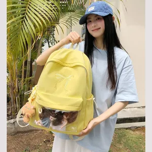 Carino zaino giallo con finestra trasparente, ricamo fiocco e ciondolo orsetto peluche.