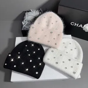 Rhinestone knit beanie detail, fuzzy rabbit hair winter warm hat, sparkly crystal fashion cap.