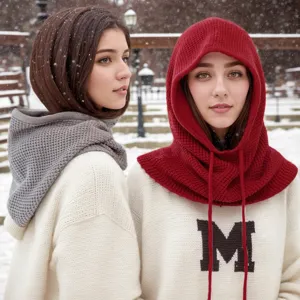 Women Winter Warm Knitted Hooded Scarf Solid Color Balaclava Thickened Windproof Thermal Hat Bib Fashion Apparel