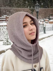 Women winter thick knitted hooded scarf outdoor warm solid color balaclava windproof cap.