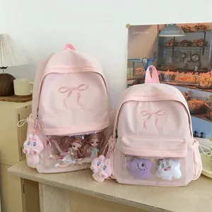 Zaino rosa carino con fiocco grande capacità borsa scolastica con finestra trasparente
