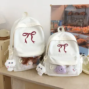 Grazioso zaino itabag bianco con finestra trasparente e ciondolo gatto di peluche per studenti.