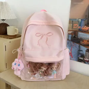 Zaino Ita rosa carino con ricamo a fiocco e finestra trasparente, grande capacità per scuola.