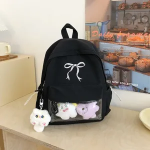 Zaino in tela nera stile giapponese con tasca frontale ita trasparente e grazioso fiocco bianco.