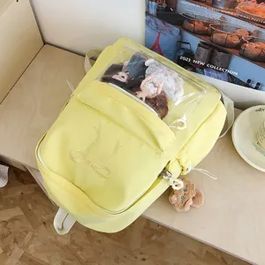 Zaino ita giallo carino in stile giapponese grande capacità con finestra trasparente e fiocco.