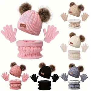 Ensemble Trois Pièces Chaud d'Hiver Bonnet en Tricot Écharpe et Gants pour Enfants Doublure Polaire Pompon Mignon