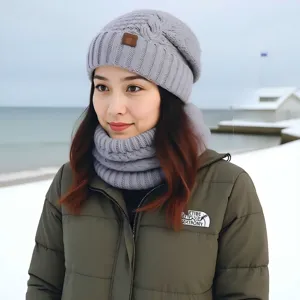 Invierno Mujeres Cálido Punto Beanie Gorro Y Bufanda Conjunto Espesado Cable Punto Orejera Pull-On Esquí Gorra Diario Casual Clima Frío