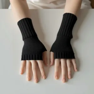 Guantes de punto negros sin dedos para mujer, calentadores de brazos acanalados de invierno cálidos.