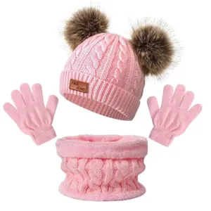 Enfant Hiver Rose 3 Pièces Ensemble Bonnet Écharpe Polaire Gants Chaud Mignon Bébé