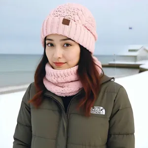 Conjunto de gorro y bufanda de punto rosa para mujer, gorro de invierno cálido y cuello.