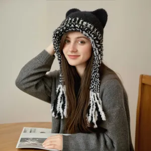 Cute cat ear knitted hat winter warm contrast color plush ear-flap beanie for women