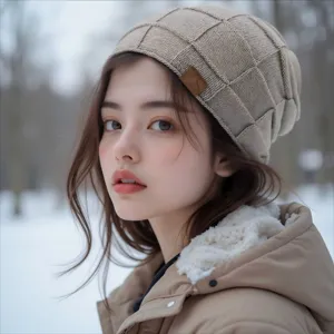 Winter fleece-lined knitted beanie hat, warm casual brimless pullover cap for women detail.