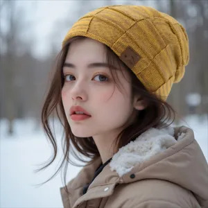 Detailed view of the cozy yellow winter knitted beanie, stylish warmth for cold days.