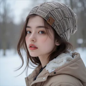 Close-up view of a cozy winter fleece-lined knitted beanie hat with a stylish leather patch.