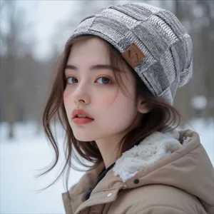Winter fleece-lined mixed color knitted beanie for women, warm casual pull-on brimless hat.
