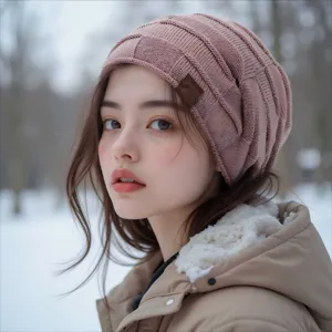 Winter fleece-lined knit beanie hat, warm and stylish pull-over casual winter cap for women.