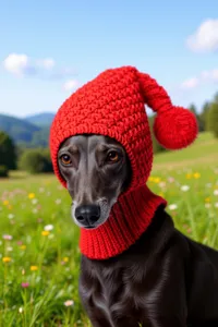 Handmade red knit pet hat with pompom for cats and dogs, cozy winter pet costume accessory.