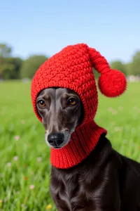 Handcrafted red knit pet hat for dogs and cats, cozy winter warm headwear with cute pom pom detail.