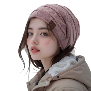 Autumn winter fleece lined knit beanie hat for women, warm soft thick pullover cap, stylish casual.