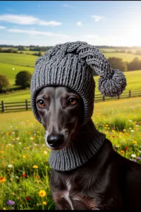 Handmade knitted pet hat for dogs and cats, cozy grey winter beanie with cute pompom.
