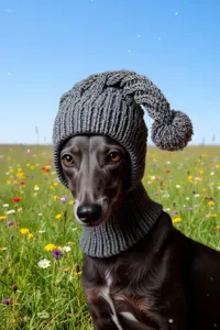 Close-up detail of a cozy grey knitted pet hat with pom-pom on a cute dog outdoors.