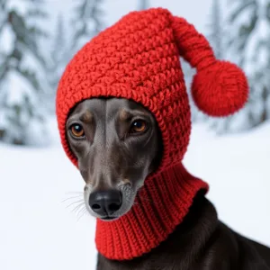 Hand-knitted red pet wool hat with pom-pom, cute winter warm clothing for cats and dogs.