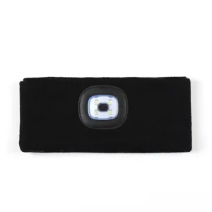 Black knitted LED headlamp rechargeable outdoor sports running cycling sweatband light.