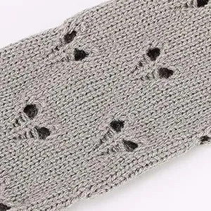 Grey knit arm warmer detail texture, soft woolen fabric close up view for winter fashion.
