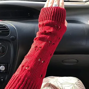 Red knit arm warmers fingerless gloves hollow out heart winter warm wrist sleeves 1 pair