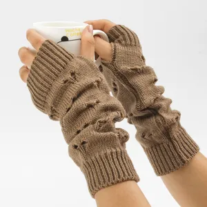 Brown knitted fingerless gloves winter warm arm warmers stylish stack sleeve cuffs for women