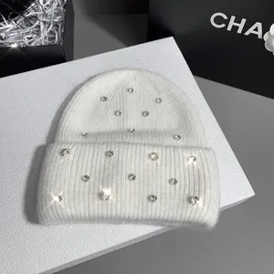 White rhinestone knit beanie hat, fluffy rabbit hair winter warm cap, chic fashion bling headwear.