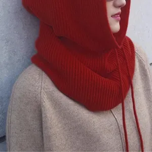 Women Winter Warm Knitted Hooded Scarf Thickened Solid Color Fleece Balaclava Hat
