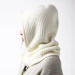 Cozy white knitted hooded scarf for women, thick thermal balaclava detail view for winter.