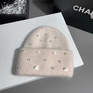 Women fluffy rabbit hair knit beanie hat with sparkling rhinestones autumn winter warm skull cap