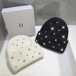 Women Winter Warm Rabbit Hair Knit Beanie Hat Sweet Rhinestone Casual Cute Ski Cap Fashion Daily Headwear