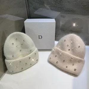 Chic rhinestone-embellished rabbit hair knit beanie for women, warm winter skull cap, detail view.