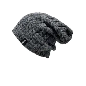 Berretto slouchy in maglia a trecce grigio scuro, cappello invernale caldo in lana per uomo e donna.