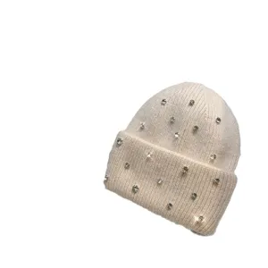 Women winter warm rhinestone knit beanie hat elegant soft fluffy rabbit hair fashion cap