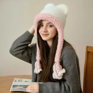 Cute Cat Ear Knitted Winter Warm Hat Cotton Blend Plush Earflap Beanie With Braids Sweet Style Women Headwear