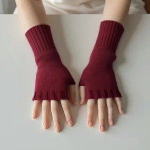 Guantes de punto sin dedos detalle en rojo vino lana cálida mangas de invierno.