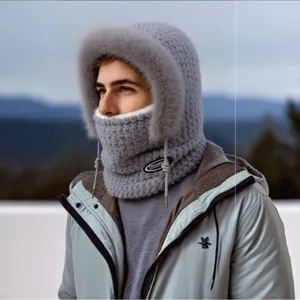Winter thermal knitted balaclava hat with fleece lining windproof face mask for outdoor cycling