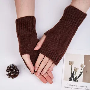Guantes De Punto Sin Dedos Cálidos De Invierno Para Mujer Color Sólido Acrílico Puño Acanalado Guantes De Medios Dedos Para Clima Frío Diario
