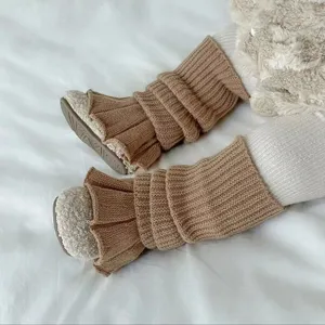 Cute baby knit leg warmers, cozy toddler winter ruffle slouch socks in stylish camel color.