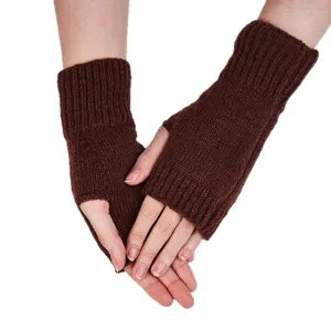 Guantes de punto marrones sin dedos para mujer, guantes de invierno para escribir, manguitos suaves.