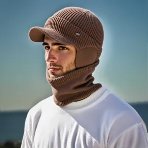 Herren Winter warme Strickmuetze mit Schirm und integriertem Halswaermer dicke Beanie.