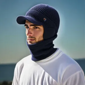 Herren Winter Strickmuetze mit Ohrenschuetzen Schal Warme Beanie Muetze Dunkelblau